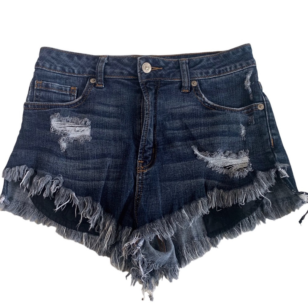 DARK WASH HIGH RISE FRAYED HEM DENIM SHORTS